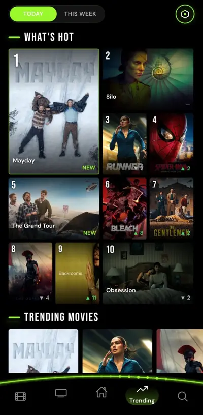 CineJoy title browsing screen showing drama covers and neon green highlights
