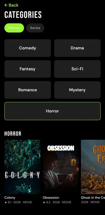 CineJoy app screen with dark theme, neon green accents and short drama artwork